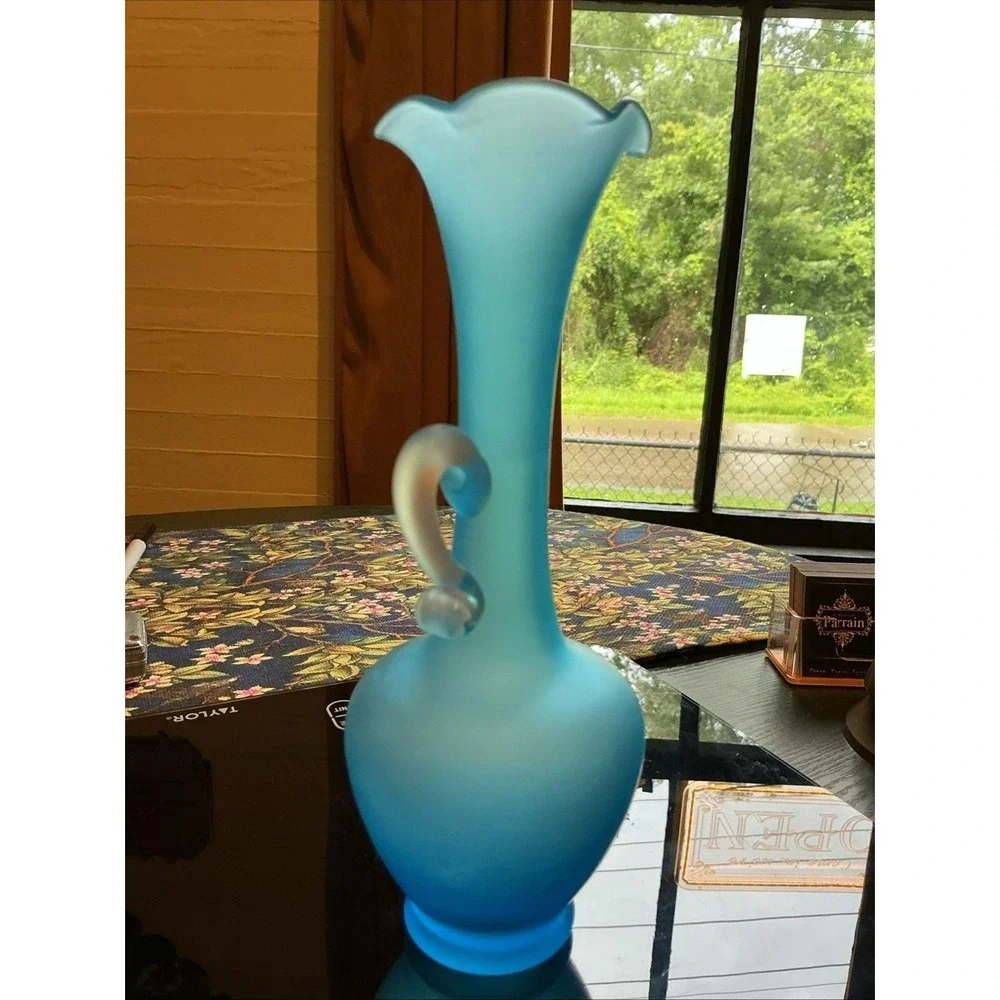Vintage Peacock Blue Satin Glass 8 Inch High Bud Vase With Frosted Handle
